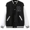 Plus Size Letter R Embroidered Colorblock Varsity Jacket; Women's Plus Button Down Casual Baseball Jacket