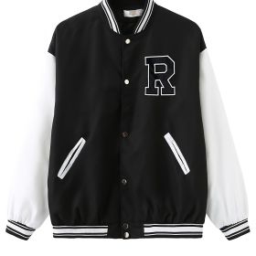 Plus Size Letter R Embroidered Colorblock Varsity Jacket; Women's Plus Button Down Casual Baseball Jacket (Color: Black)