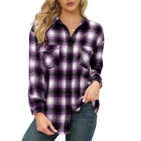 Womens Plaid Shirts Flannel Button Down Long Sleeve Shacket Jacket (Color: Purple)