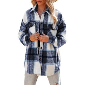 Flannel Plaid Jacket Long Sleeve Button Down Shirts Shacket (Color: Navy)