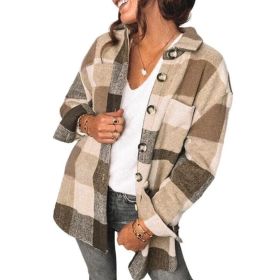 Flannel Plaid Button Long Sleeved Shirt Jacket (Color: Brown)