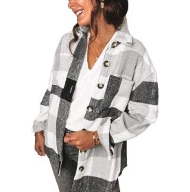 Flannel Plaid Button Long Sleeved Shirt Jacket (Color: White)