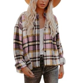 Womens Flannel Plaid Casual Button Down Shirt Blouses Shacket Jackets (Color: PInk)