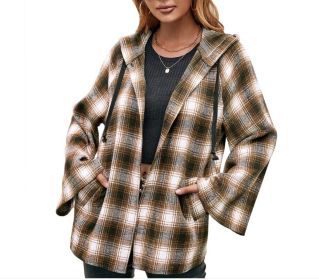 Flannel Plaid Hooded Flare Sleeve Sweatshirt Jacket (Color: Brown)