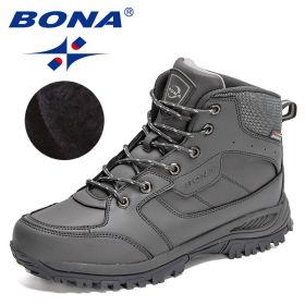 BONA 2022 New Designers Casual Winter Outdoor Snow Shoes Men Fashion Action Leather Plush Warm Boots Man High Top Hiking Shoes (Color: Dark grey S gray)