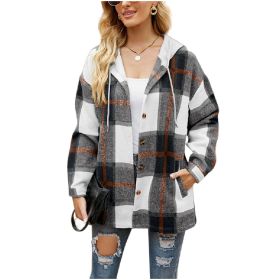 Women's Flannel Plaid Jacket Long Sleeve Button Down Shirts Hooded Coats Shacket (Color: Black)