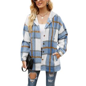 Women's Flannel Plaid Jacket Long Sleeve Button Down Shirts Hooded Coats Shacket (Color: Blue)